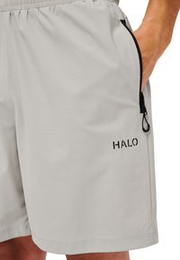 Lichtgrijze shorts van een gestructureerde stof, met een ritszak en een zwart logo op de zijkant. Elastische tailleband voor comfort.