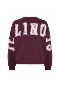 Felpa bordeaux con "LINO" stampato in bianco sul retro, dotata di strisce bianche sulle maniche e orlo a costine. Materiale in cotone.