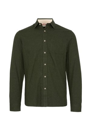 Grønn langermet skjorte med knapper laget av teksturert stoff, med en brystlomme og sølvknapper foran.
