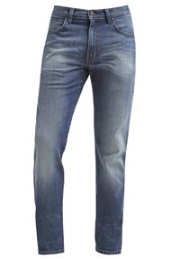 Herreblå falmede denimjeans med forlommer, bæltestropper, knaplukning og slank, lige pasform.