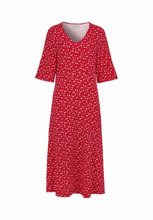 Rode midi-jurk met wit bloemenpatroon, V-hals en ellebooglange mouwen.