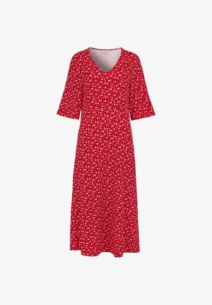 Rød midi-kjole med hvidt blomsterprint, V-udskæring og ærmer til albuerne.