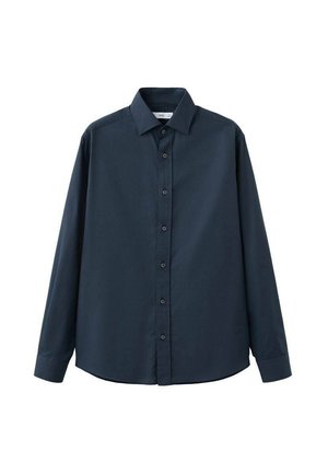 Chemise boutonnée à manches longues bleu marine en coton, dotée d'un col classique, d'une patte de boutonnage avant et d'un ourlet arrondi avec une texture lisse.