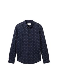 Camicia a maniche lunghe blu navy con motivo a croce bianco e bottoni marroni, colletto a punta e orlo dritto.