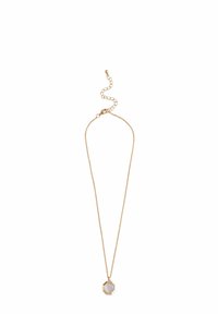Guldtonad halsband med en fin kedja, prytt med en oktagonal berlock med en ljus sten och dekorativ kant, inklusive en hummerlås.