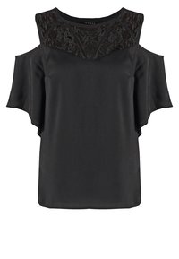 Sort bluse med cold shoulder design, med en blonderude ved halsudskæringen, korte ærmer og en glat, blød tekstur.