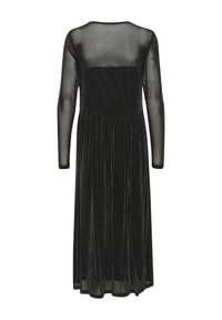 Long black dress featuring a sheer, textured overlay and a fitted bodice. The skirt is flowy with subtle sparkles, creating visual interest.