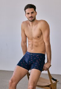 Námořnické boxerky s červenými trojúhelníkovými vzory, s hladkou texturou a měkkým pasovým štítkem. Model sedí na dřevěné židli.