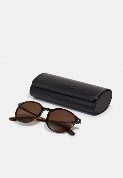 Brown tortoiseshell sunglasses with dark brown tinted lenses, accompanied by a slim black leather case. No noticeable patterns or hardware details.