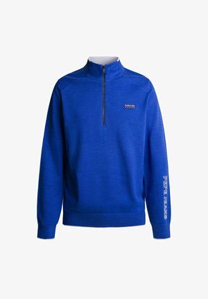 Elektryczny niebieski sweter wykonany z teksturowanej dzianiny, z ćwierć zapięciem, wysokim kołnierzem i logo "PEPE JEANS" na rękawie.