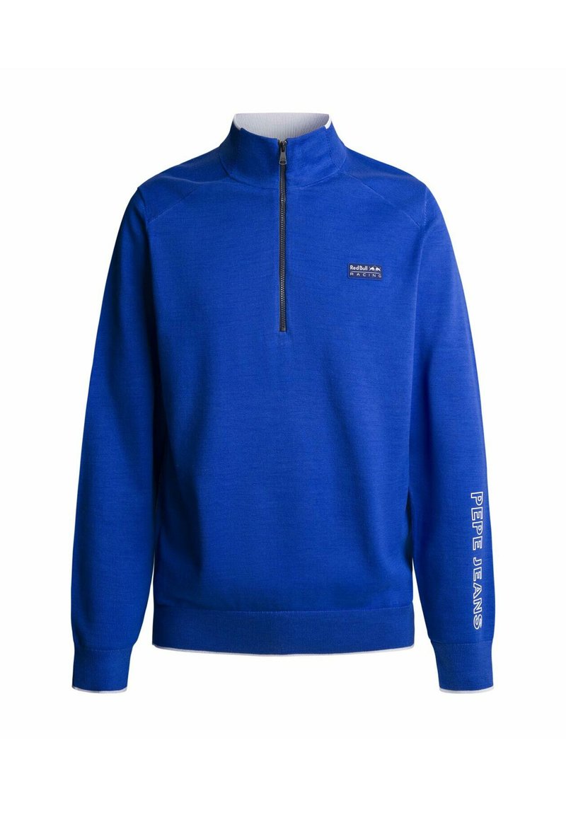 Elektryczny niebieski sweter wykonany z teksturowanej dzianiny, z ćwierć zapięciem, wysokim kołnierzem i logo "PEPE JEANS" na rękawie.