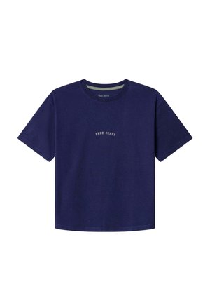 Marineblaues kurzärmeliges T-Shirt mit dem Schriftzug „PEPE JEANS“ in kleinen weißen Großbuchstaben, mittig auf der Brust.