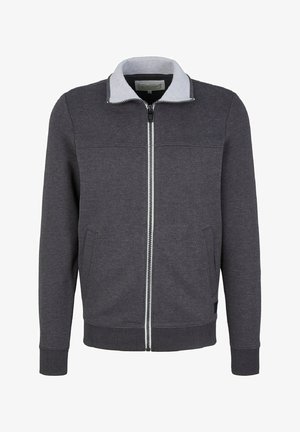 Veste zippée grise avec un col gris clair, des poignets côtelés et un ourlet inférieur. Présente des poches latérales et une texture lisse.