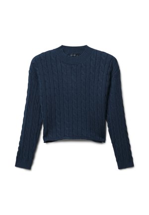 Navy blue cable-knit sweater with long sleeves and a ribbed crew neckline; textured fabric with raised pattern; cropped hemline.