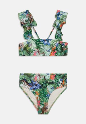 Two-piece bikini set featuring a tropical print with vibrant flowers and leaves. The top has ruffled straps; material is smooth and stretchy.