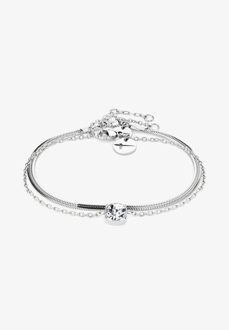 Silver bracelet featuring intertwined chains, a textured band, and a central clear crystal accent with a lobster clasp closure.