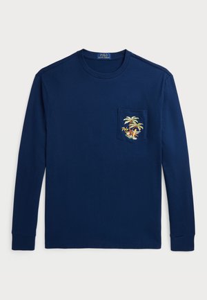 Navy long-sleeve T-shirt made of cotton, featuring a chest pocket with colorful palm tree embroidery and a round neckline.
