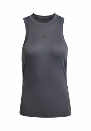 Bezrukávový športový top v tmavošedej farbe, vyrobený z hladkej, ľahkej tkaniny. Obsahuje kruhový výstrih a malú embosovanú logotyp na hrudi.