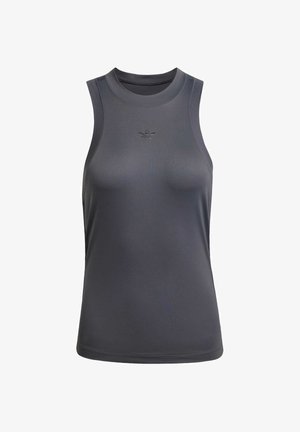 Mouwloos sporttop in donkergrijs, gemaakt van gladde, lichtgewicht stof. Heeft een ronde halslijn en een klein, reliëf logo op de borst.