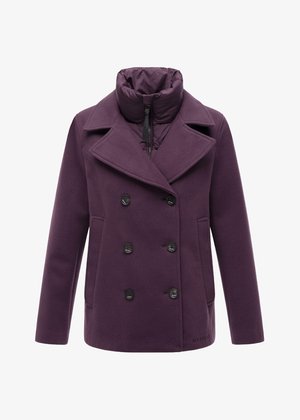 Lilla dobbeltradet frakke i tekstureret stof, med højt krave, knapper og sidelommer; nedtonet design med moderne pasform.