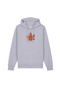 Grauer Hoodie aus Baumwollmischung mit einem geometrischen orangen Ahornblattdesign auf der Vorderseite, Kordelzügen und einer Fronttasche.