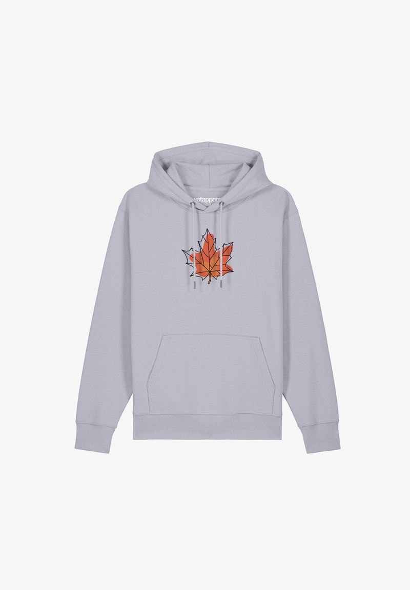 Grauer Hoodie aus Baumwollmischung mit einem geometrischen orangen Ahornblattdesign auf der Vorderseite, Kordelzügen und einer Fronttasche.