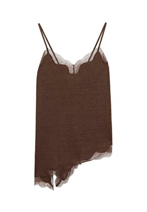 Robe nuisette asymétrique marron avec fines bretelles doubles et délicate bordure en dentelle le long de l'encolure et de l'ourlet.