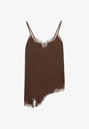 Robe nuisette asymétrique marron avec fines bretelles doubles et délicate bordure en dentelle le long de l'encolure et de l'ourlet.