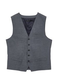 Gray vest made of textured fabric featuring a v-neck design, six front buttons, two front pockets, and a dark lining.
