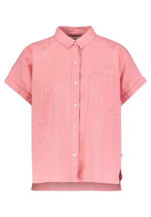 Korte mouwen, overhemd met kraag gemaakt van gestructureerde roze stof met knoopsluiting aan de voorkant en een borstzak. Zijsplitten bij de zoom.