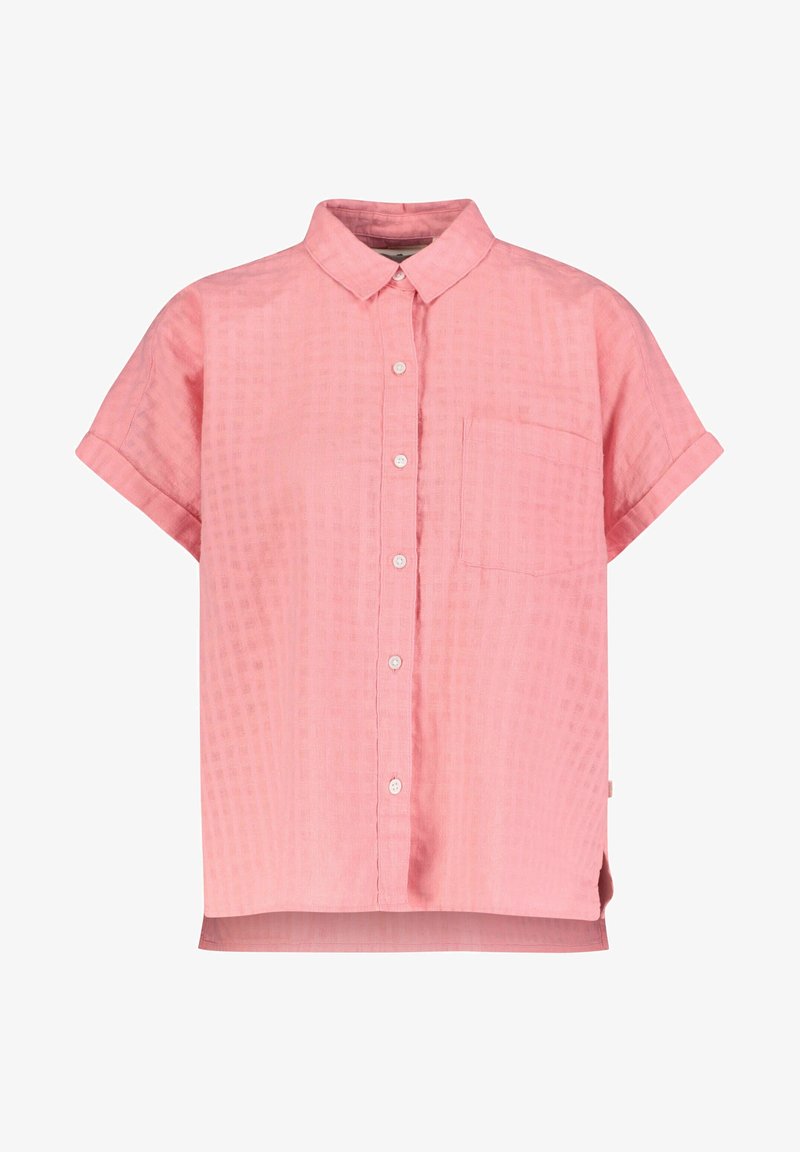 Chemise à manches courtes avec col, fabriquée en tissu rose texturé, dotée d'une patte de boutonnage à l'avant et d'une poche poitrine unique. Fentes latérales à l'ourlet.