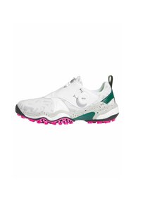 Sneaker med ett vitt nätöverkropp, gröna och svarta detaljer, samt en rosa gummisula med multidirektionella greppknoppar. BOA-låsesystem.