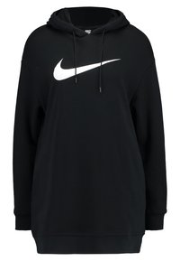 Svart oversized hoodie i mjukt tyg, med en stor vit Nike-logotyp på framsidan, justerbara snöre och en kenguruficka.