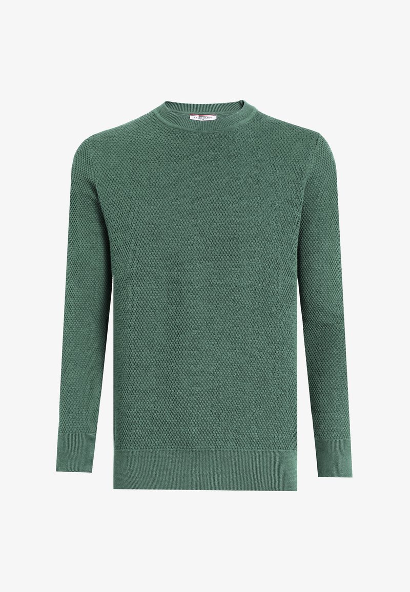 Pull vert en maille avec col rond, manches longues et motif texturé, présenté sur un fond blanc.