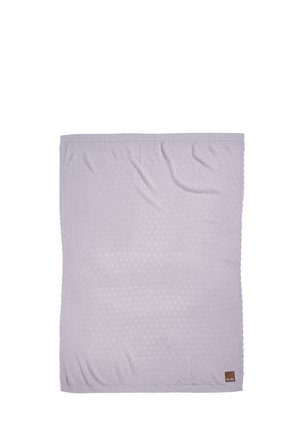 Light purple knitted rectangular baby blanket with a small brown label in the bottom right corner on a white background.