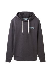 Felpa con cappuccio grigio scuro realizzata in tessuto morbido. Presenta una tasca anteriore, coulisse bianche e un logo azzurro chiaro sul petto. Maniche lunghe.