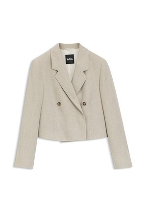 Beige cropped dubbelgeknoopte blazer met brede revers en twee knopen, plat weergegeven op een witte achtergrond.