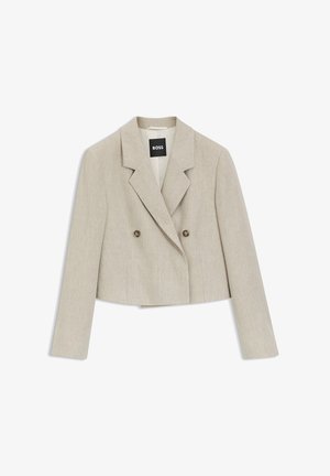 Beige cropped dubbelgeknoopte blazer met brede revers en twee knopen, plat weergegeven op een witte achtergrond.