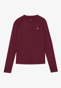 Bordová dlhá rukávová košeľa s raglánovými rukávmi, okrúhlym výstrihom a malým logom na hrudi. Mäkká tkanina s hladkou textúrou.