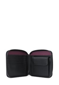 Black leather wallet with zip closure, multiple card slots, and a side pocket. Interior features a contrasting purple lining.