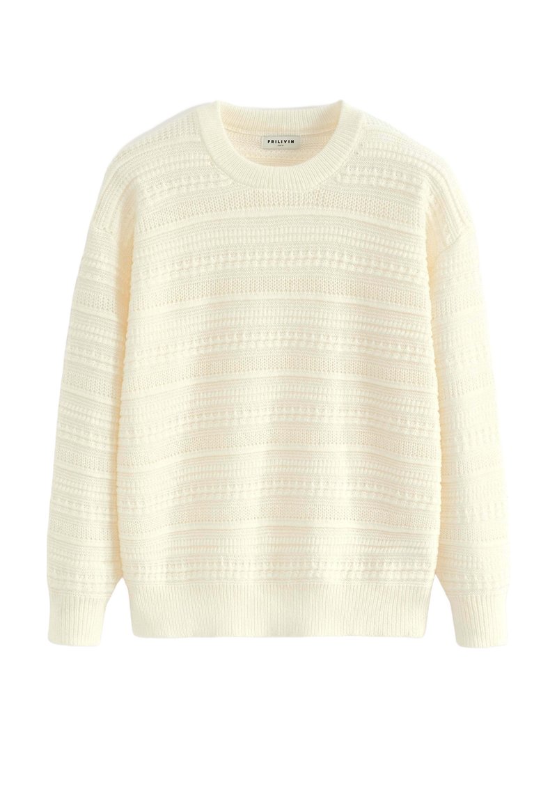 Pull en crème tricoté avec des rayures horizontales texturées, encolure ronde, et poignets et ourlet côtelés. Matériau doux et léger.