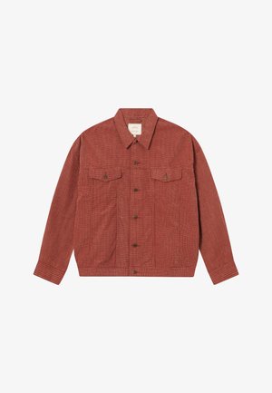 Rustfarvet skjortejakke med subtilt ternet mønster, to brystlommer med knapklapper og en klassisk krave, lagt fladt.