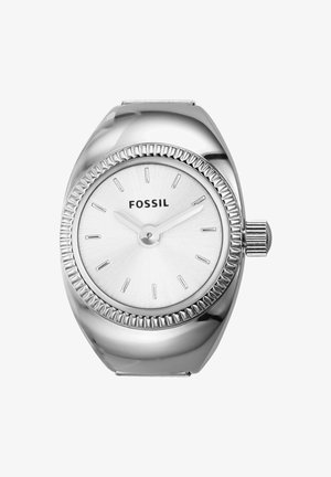 Montre en acier inoxydable argenté avec une lunette texturée, un cadran blanc et des index horaires minimalistes. Elle possède une couronne sur le côté droit.