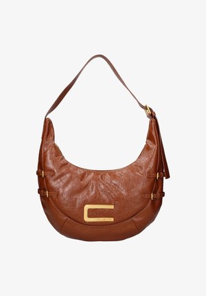 Bruine leren hobo-tas met een gladde textuur, gouden hardware en een opvallend "C"-logo. Voorzien van een verstelbare schouderband en zijgespen.