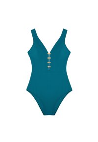 Bañador de una sola pieza en color aguamarina con un escote en V profundo, tirantes anchos y seis acentos de botones en tono dorado a lo largo del frente. Textura de tela suave.