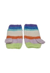Colorful, striped fingerless gloves featuring purple, blue, white, orange, lilac, and green soft fabric with a plush texture and a thumb hole.
