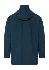 Dunkelblaue wasserdichte Jacke mit Kapuze, langen Ärmeln und geradem Saum, von hinten vor weißem Hintergrund gezeigt.