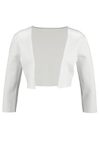 Bílý krátký kardigan s texturovanou tkaninou, otevřeným předním dílem a dlouhými rukávy. Má čistý výstřih a jemný povrch.