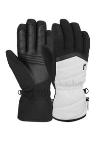 Schwarz-weiße isolierte Handschuhe aus Leder und Stoffmaterialien, mit einem gerafften Handgelenk und einer gesteppten Oberfläche auf der Rückseite.