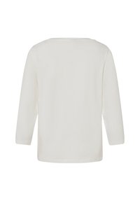 Schlichtes weißes Langarmshirt, von hinten mit Rundhalsausschnitt und geradem Saum gezeigt.